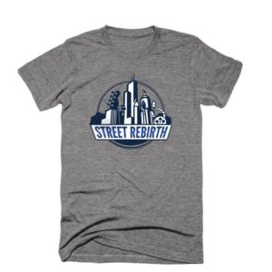 street rebirth grey shirt blue logo