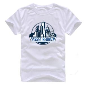 street rebirth white shirt blue logo